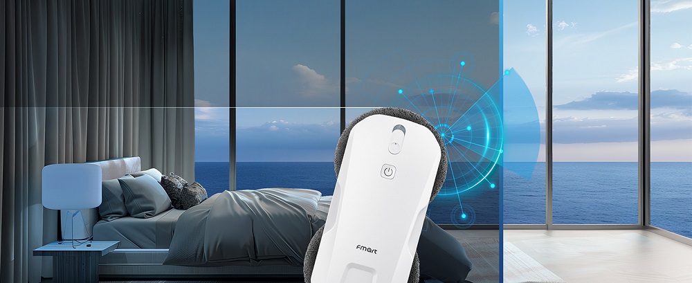 FMART T11 Window Cleaning Robot with 10 Wipes, 5300Pa Suction, 4-Way Auto Spray, 100ml Tank, 60mm Slim Design, 20min UPS, 4m Safety Rope, Smart Navigation, Remote Control