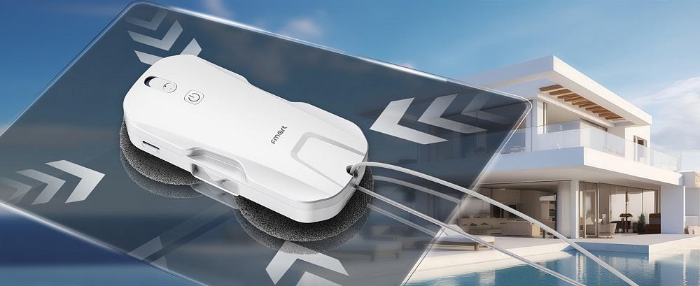 FMART T11 Window Cleaning Robot with 10 Wipes, 5300Pa Suction, 4-Way Auto Spray, 100ml Tank, 60mm Slim Design, 20min UPS, 4m Safety Rope, Smart Navigation, Remote Control