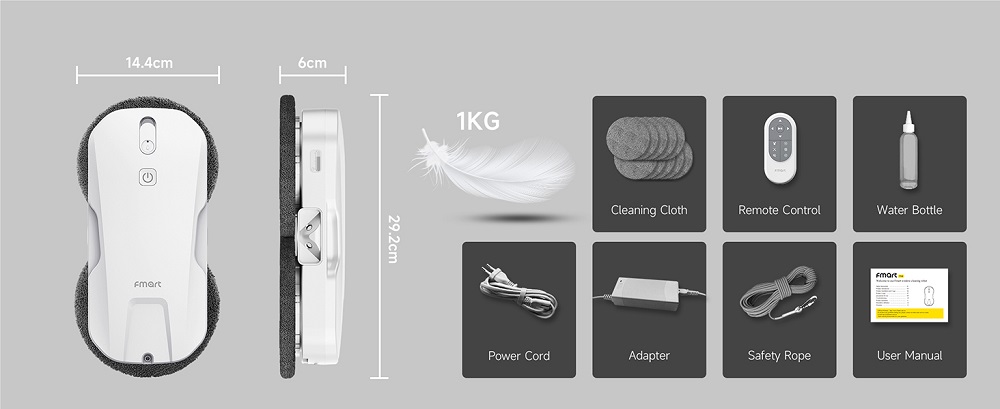 FMART T11 Window Cleaning Robot with 10 Wipes, 5300Pa Suction, 4-Way Auto Spray, 100ml Tank, 60mm Slim Design, 20min UPS, 4m Safety Rope, Smart Navigation, Remote Control