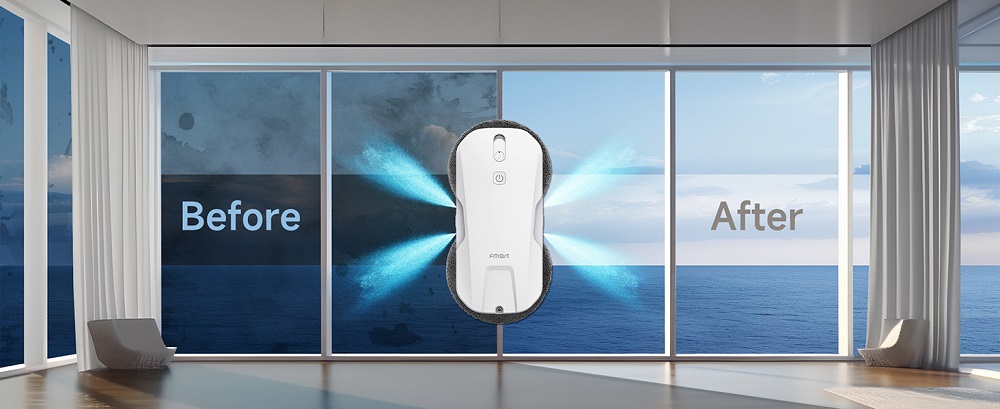 FMART T11 Window Cleaning Robot with 10 Wipes, 5300Pa Suction, 4-Way Auto Spray, 100ml Tank, 60mm Slim Design, 20min UPS, 4m Safety Rope, Smart Navigation, Remote Control