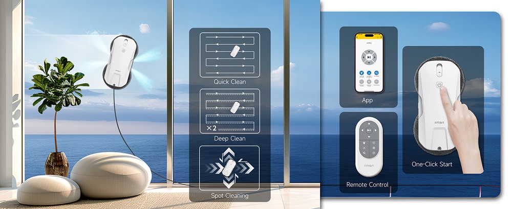 FMART T11 Window Cleaning Robot with 10 Wipes, 5300Pa Suction, 4-Way Auto Spray, 100ml Tank, 60mm Slim Design, 20min UPS, 4m Safety Rope, Smart Navigation, Remote Control