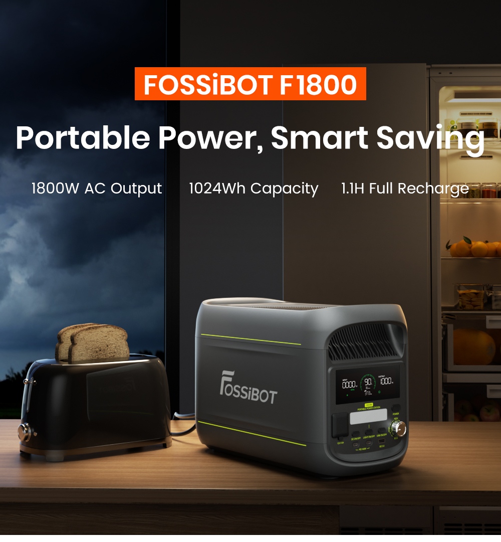 Tragbare Powerstation FOSSiBOT F1800, 1024 Wh LiFePO4, 1800 W AC-Ausgang, ultraschnelles Laden mit 1200 W AC und 500 W Solar, mehrere USB-/Typ-C-/Kfz-Anschl&uuml;sse, App-Steuerung, leise USV (<10 ms).