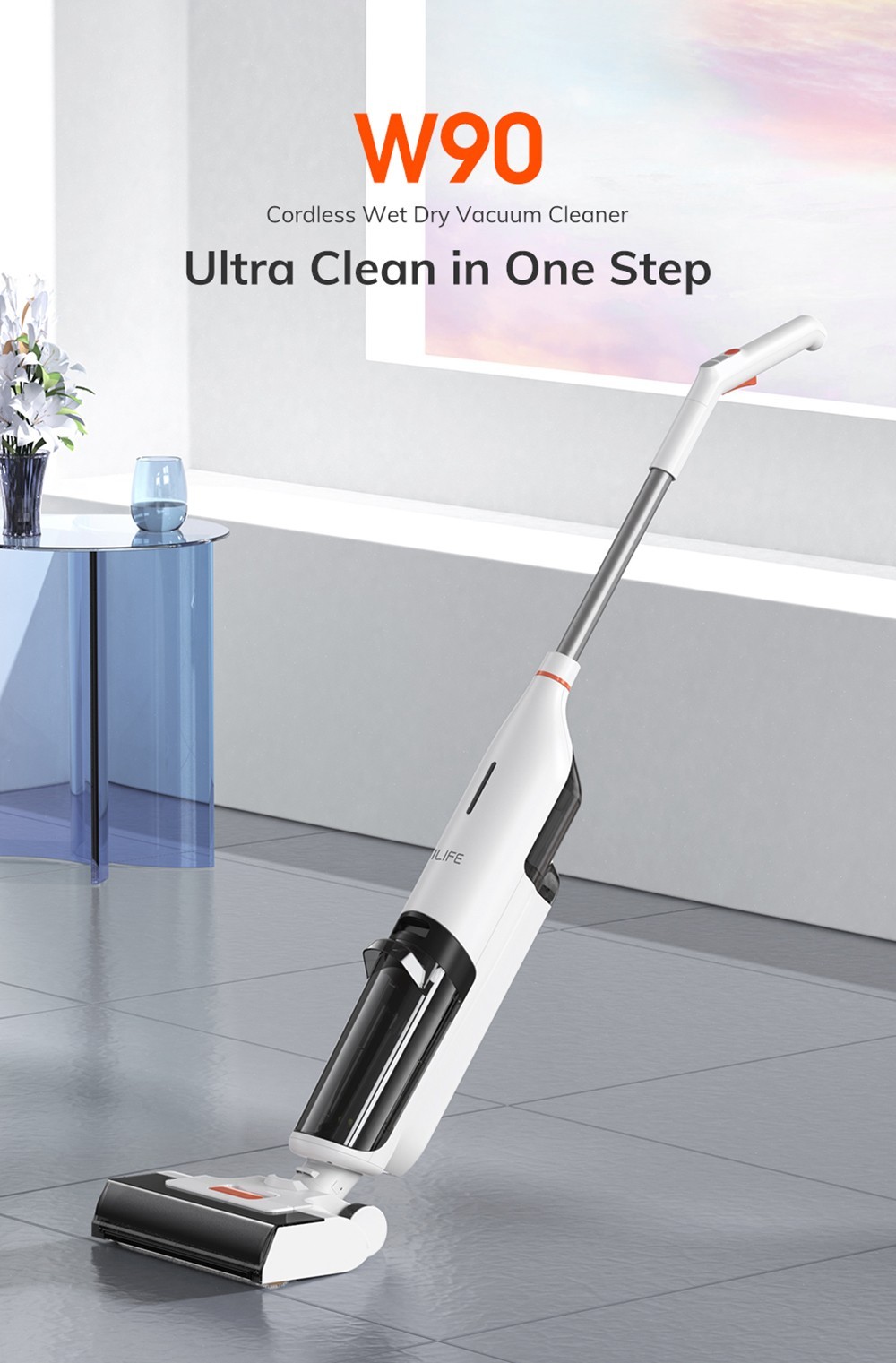 Refurbished ILIFE W90 Cordless Wet Dry Vacuum Cleaner, 3 in 1 Vacuum Mop and Wash, Self-Cleaning, 700ml Water Tank, 30Mins Runtime, 3000mAh Battery, Voice Reminder - White