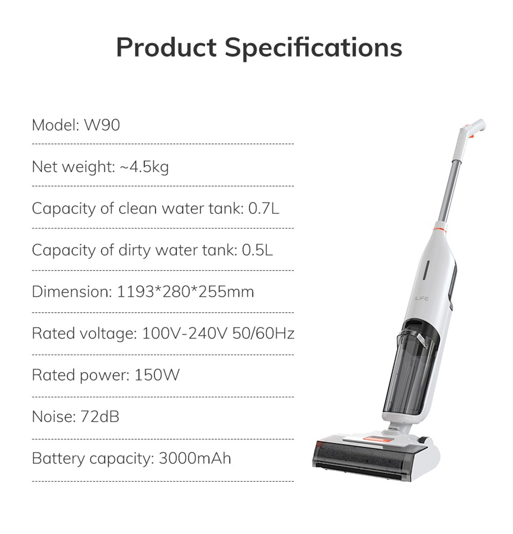 Refurbished ILIFE W90 Cordless Wet Dry Vacuum Cleaner, 3 in 1 Vacuum Mop and Wash, Self-Cleaning, 700ml Water Tank, 30Mins Runtime, 3000mAh Battery, Voice Reminder - White
