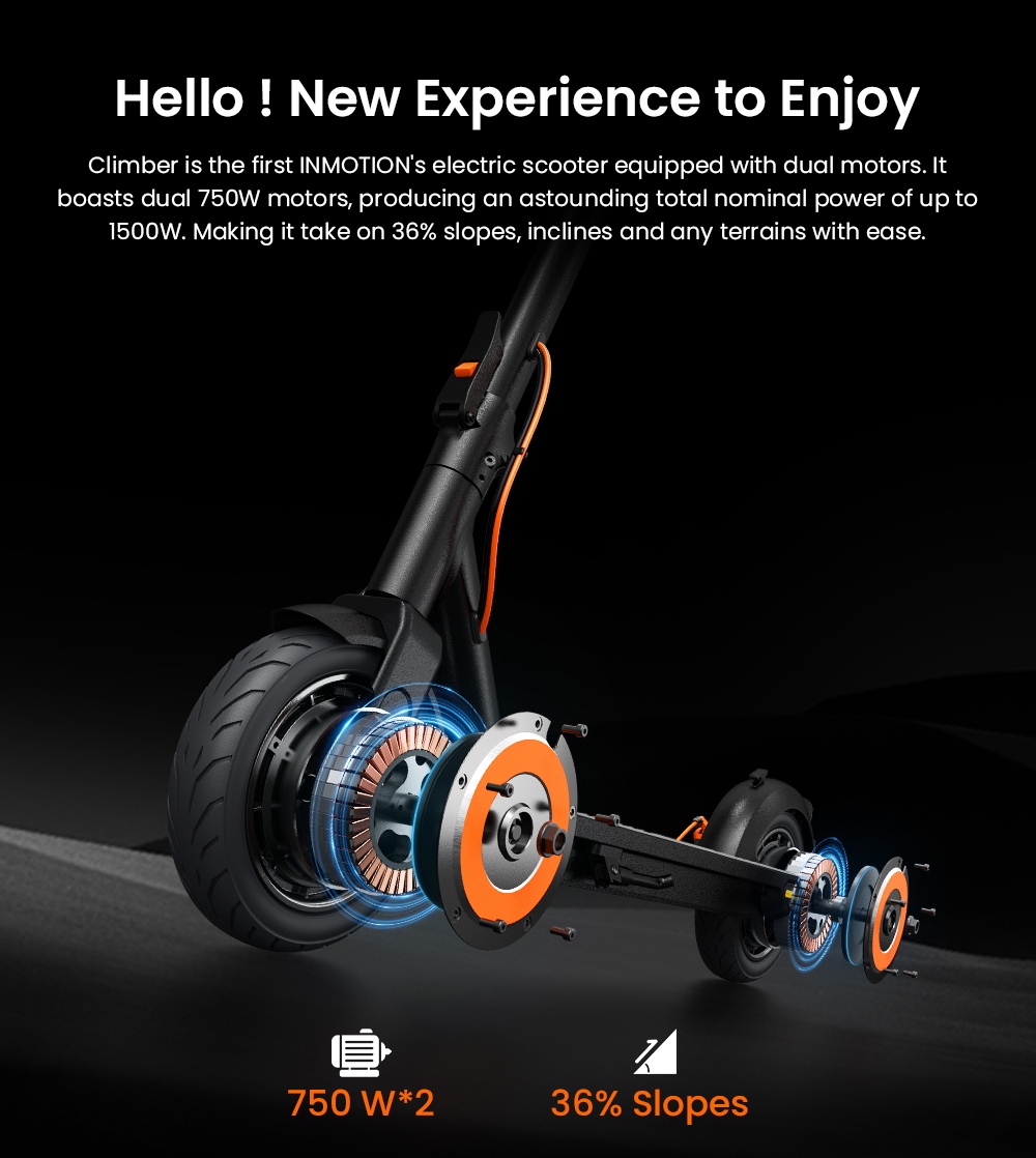 INMOTION CLIMBER Elektroroller, 450W*2 Motor, 36V 15Ah Akku, 10-Zoll Luftreifen, 38 km/h Höchstgeschwindigkeit, 56 km Reichweite, Elektronische & Scheibenbremsen, 130 kg Traglast