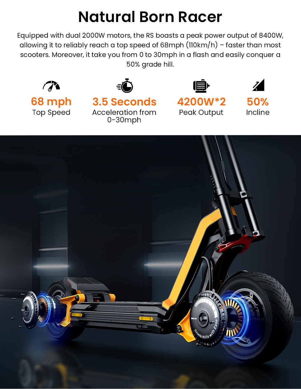 INMOTION RS Elektroroller, 2000-W-Motor (2x), 72-V-40-Ah-Akku, 11&times;3,5-Zoll-Reifen, 110 km/h H&ouml;chstgeschwindigkeit, 160 km Reichweite, hydraulische Scheibenbremsen, einstellbare Vorder- und Hinterradfederung, 150 kg Zuladung