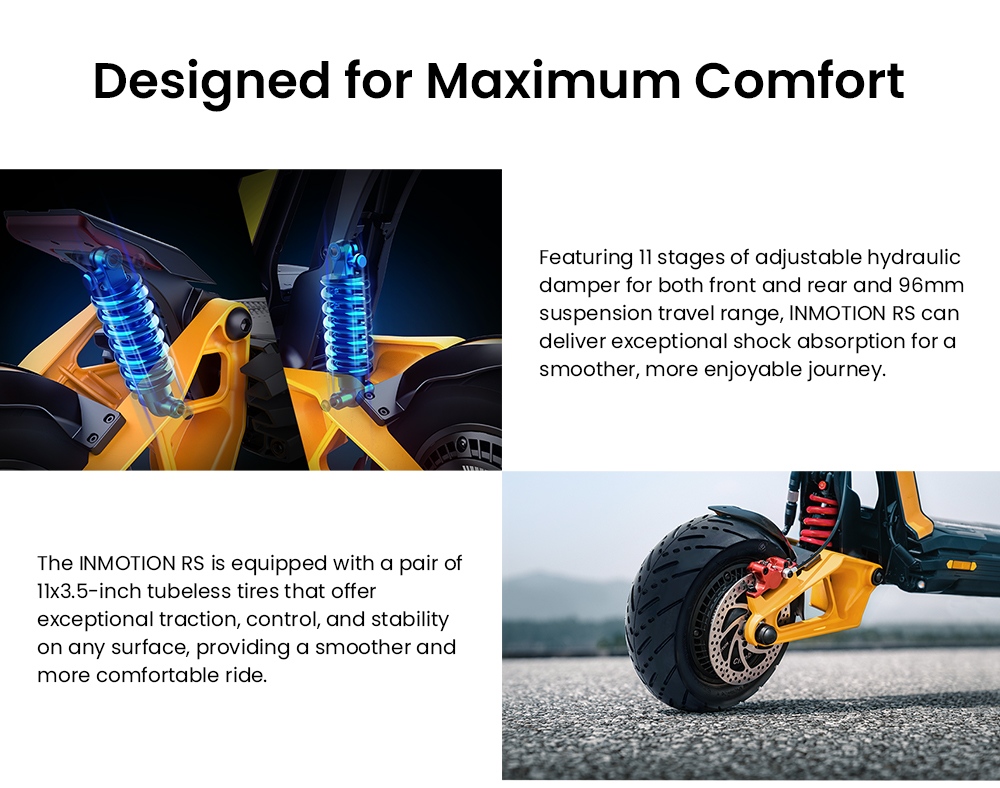 INMOTION RS Elektroroller, 2000-W-Motor (2x), 72-V-40-Ah-Akku, 11&times;3,5-Zoll-Reifen, 110 km/h H&ouml;chstgeschwindigkeit, 160 km Reichweite, hydraulische Scheibenbremsen, einstellbare Vorder- und Hinterradfederung, 150 kg Zuladung