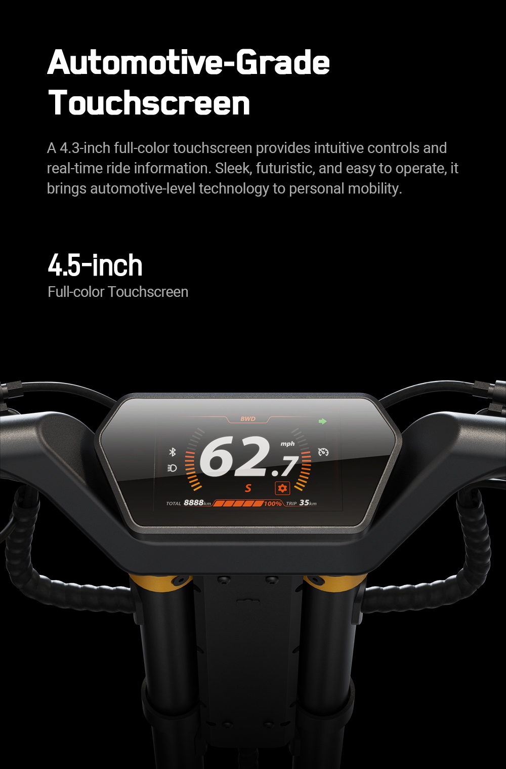 INMOTION RS Jet Elektroroller, 2 x 1200-W-Motor, 72-V-25-Ah-Akku, 11-Zoll-Reifen, 80 km/h H&ouml;chstgeschwindigkeit, 100 km Reichweite, Vorder- und Hinterradschwinge, einstellbare Bodenfreiheit, 4,3-Zoll-Touchscreen-Display