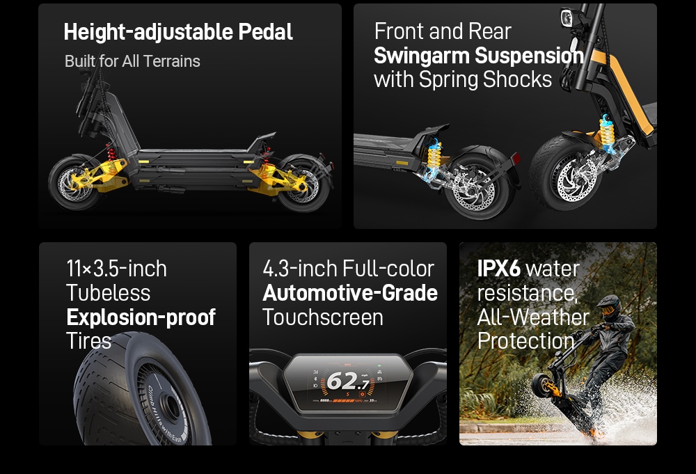 INMOTION RS Jet Elektroroller, 2 x 1200-W-Motor, 72-V-25-Ah-Akku, 11-Zoll-Reifen, 80 km/h H&ouml;chstgeschwindigkeit, 100 km Reichweite, Vorder- und Hinterradschwinge, einstellbare Bodenfreiheit, 4,3-Zoll-Touchscreen-Display