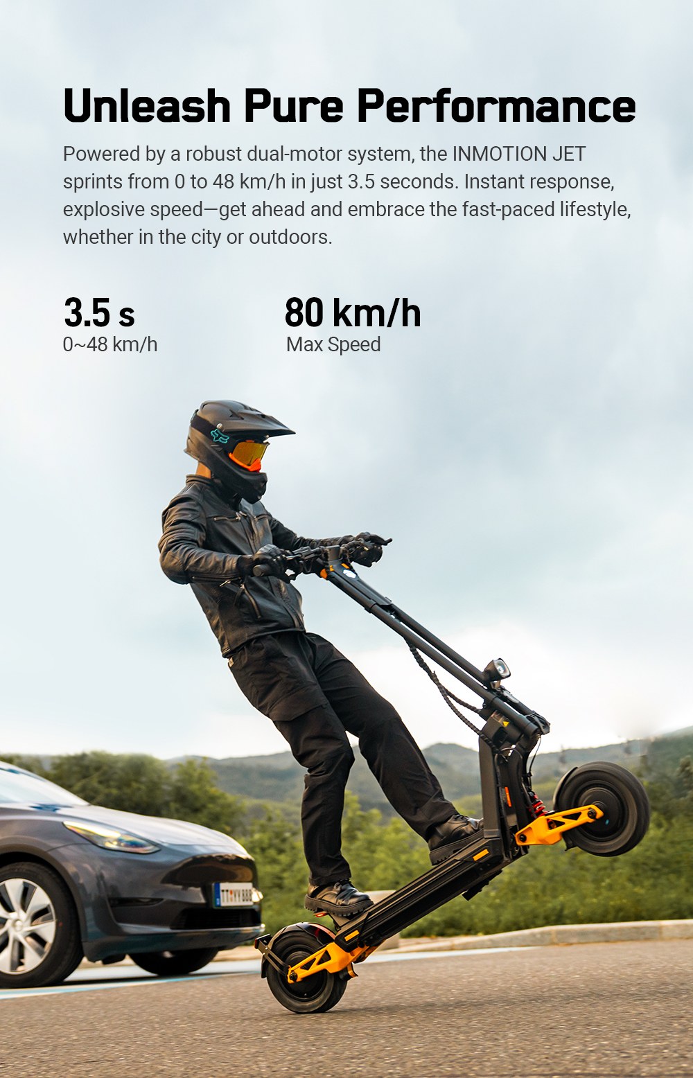 INMOTION RS Jet Elektroroller, 2 x 1200-W-Motor, 72-V-25-Ah-Akku, 11-Zoll-Reifen, 80 km/h H&ouml;chstgeschwindigkeit, 100 km Reichweite, Vorder- und Hinterradschwinge, einstellbare Bodenfreiheit, 4,3-Zoll-Touchscreen-Display