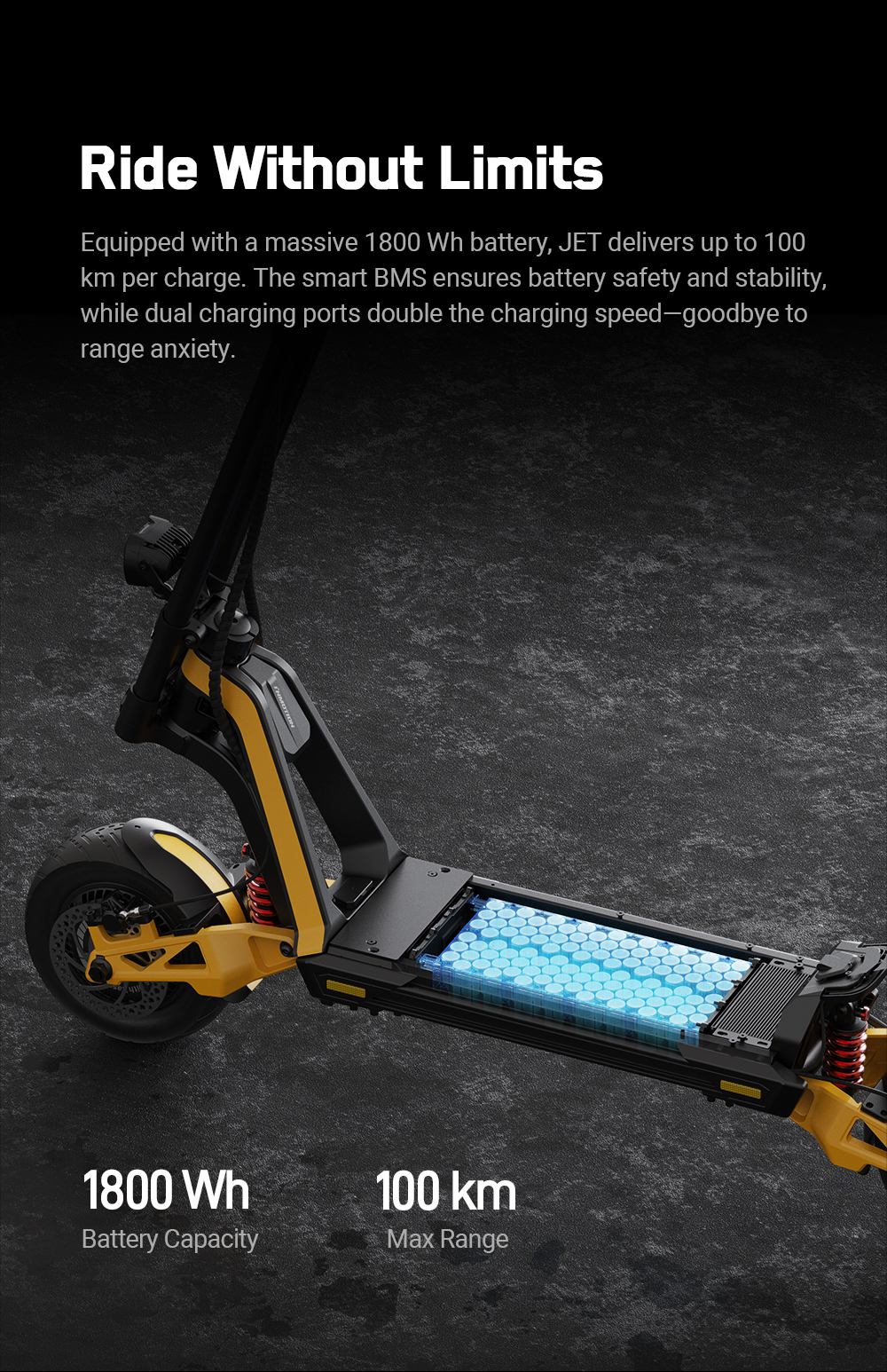 INMOTION RS Jet Elektroroller, 2 x 1200-W-Motor, 72-V-25-Ah-Akku, 11-Zoll-Reifen, 80 km/h H&ouml;chstgeschwindigkeit, 100 km Reichweite, Vorder- und Hinterradschwinge, einstellbare Bodenfreiheit, 4,3-Zoll-Touchscreen-Display