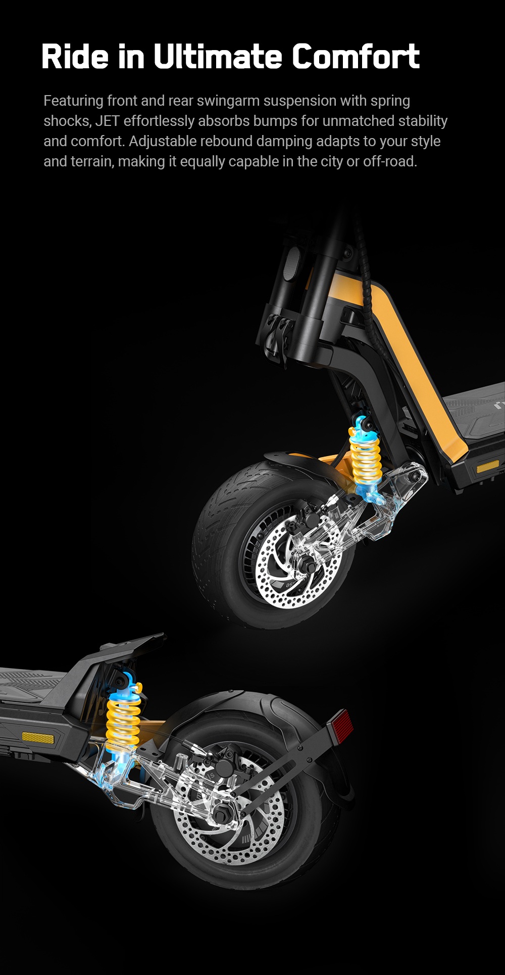 INMOTION RS Jet Elektroroller, 2 x 1200-W-Motor, 72-V-25-Ah-Akku, 11-Zoll-Reifen, 80 km/h H&ouml;chstgeschwindigkeit, 100 km Reichweite, Vorder- und Hinterradschwinge, einstellbare Bodenfreiheit, 4,3-Zoll-Touchscreen-Display