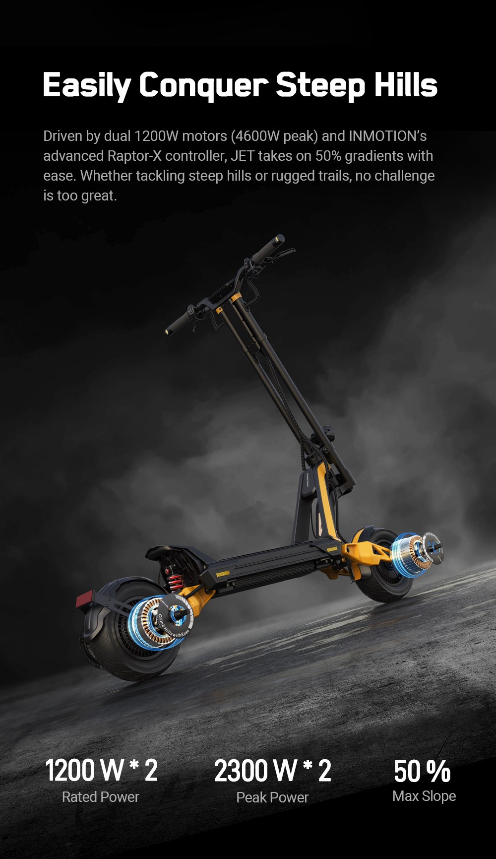 INMOTION RS Jet Elektroroller, 2 x 1200-W-Motor, 72-V-25-Ah-Akku, 11-Zoll-Reifen, 80 km/h H&ouml;chstgeschwindigkeit, 100 km Reichweite, Vorder- und Hinterradschwinge, einstellbare Bodenfreiheit, 4,3-Zoll-Touchscreen-Display