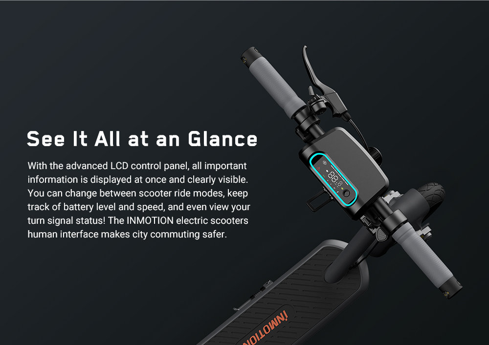 Trottinette &eacute;lectrique INMOTION S1, moteur 500 W (1000 W en cr&ecirc;te), batterie 54 V 13 Ah, pneu pneumatique 10 pouces, vitesse maximale 30 km/h, autonomie 90 km, suspensions avant et arri&egrave;re, &eacute;tanch&eacute;it&eacute; IP55, &eacute;cran LCD