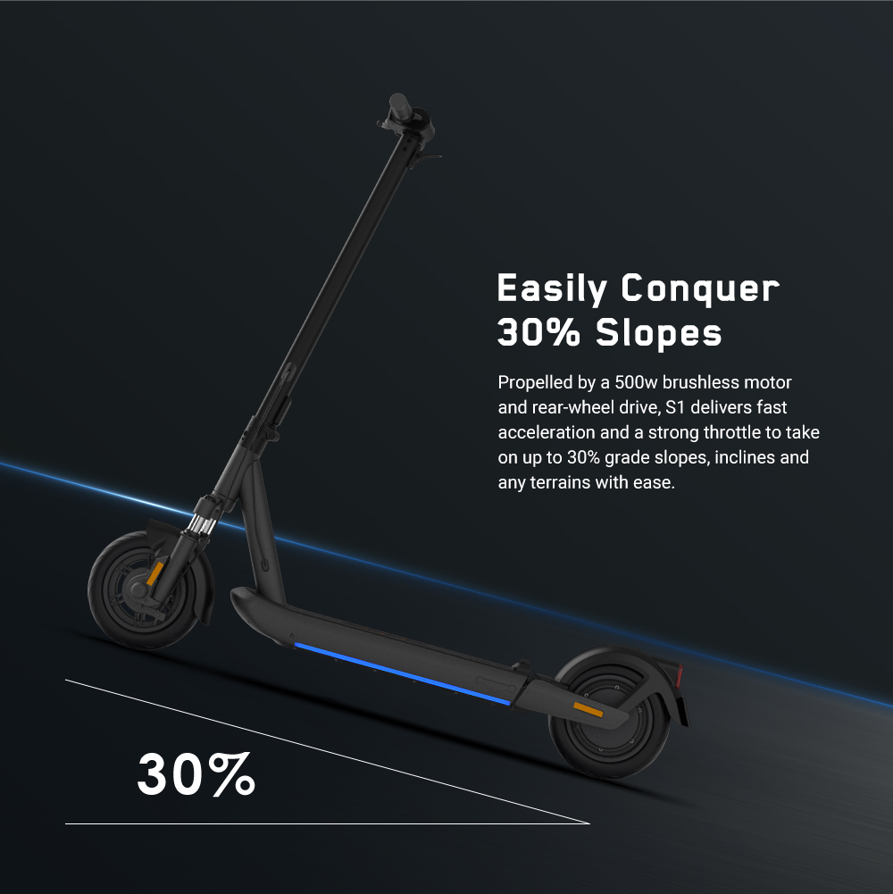 Trottinette &eacute;lectrique INMOTION S1, moteur 500 W (1000 W en cr&ecirc;te), batterie 54 V 13 Ah, pneu pneumatique 10 pouces, vitesse maximale 30 km/h, autonomie 90 km, suspensions avant et arri&egrave;re, &eacute;tanch&eacute;it&eacute; IP55, &eacute;cran LCD