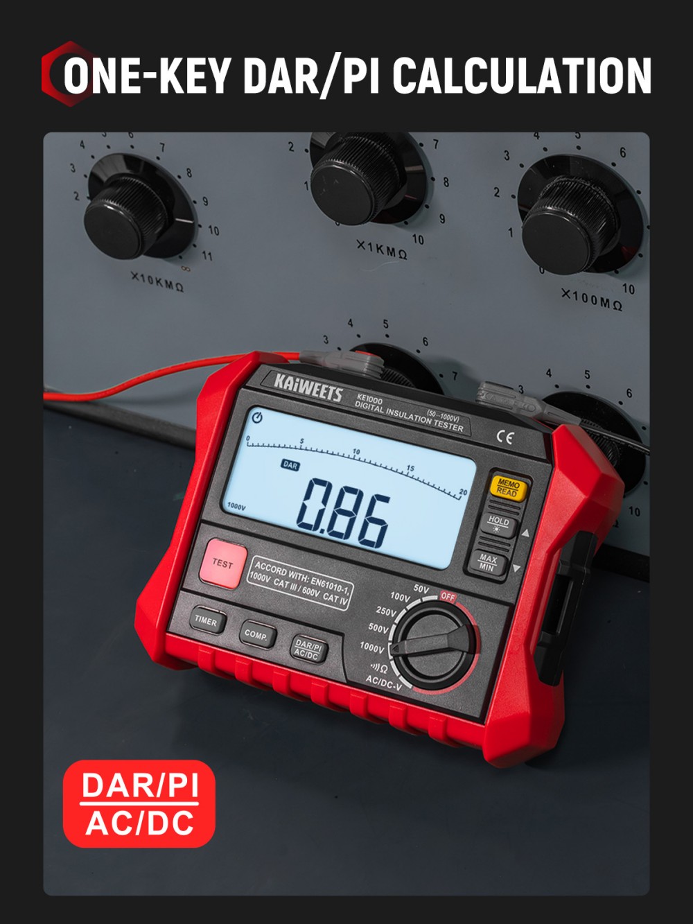 KAIWEETS KE1000 Isolationswiderstandsmessger&auml;t, 1000-V-Megohmmeter (3 M&Omega;&ndash;100 G&Omega;), &plusmn;10 % Genauigkeit, DAR/PI-Auto-Funktion, 5 Pr&uuml;fspannungen, TRMS-Multimeter mit Durchgangspr&uuml;fung, LCD-Anzeige mit Balkendiagramm