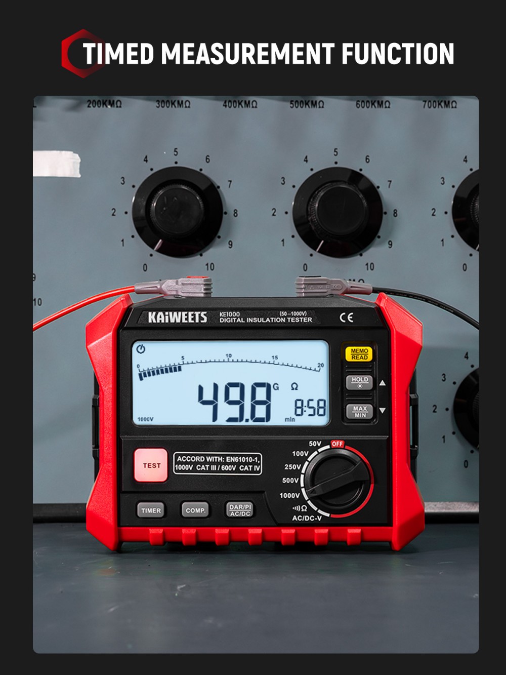 KAIWEETS KE1000 Isolationswiderstandsmessger&auml;t, 1000-V-Megohmmeter (3 M&Omega;&ndash;100 G&Omega;), &plusmn;10 % Genauigkeit, DAR/PI-Auto-Funktion, 5 Pr&uuml;fspannungen, TRMS-Multimeter mit Durchgangspr&uuml;fung, LCD-Anzeige mit Balkendiagramm