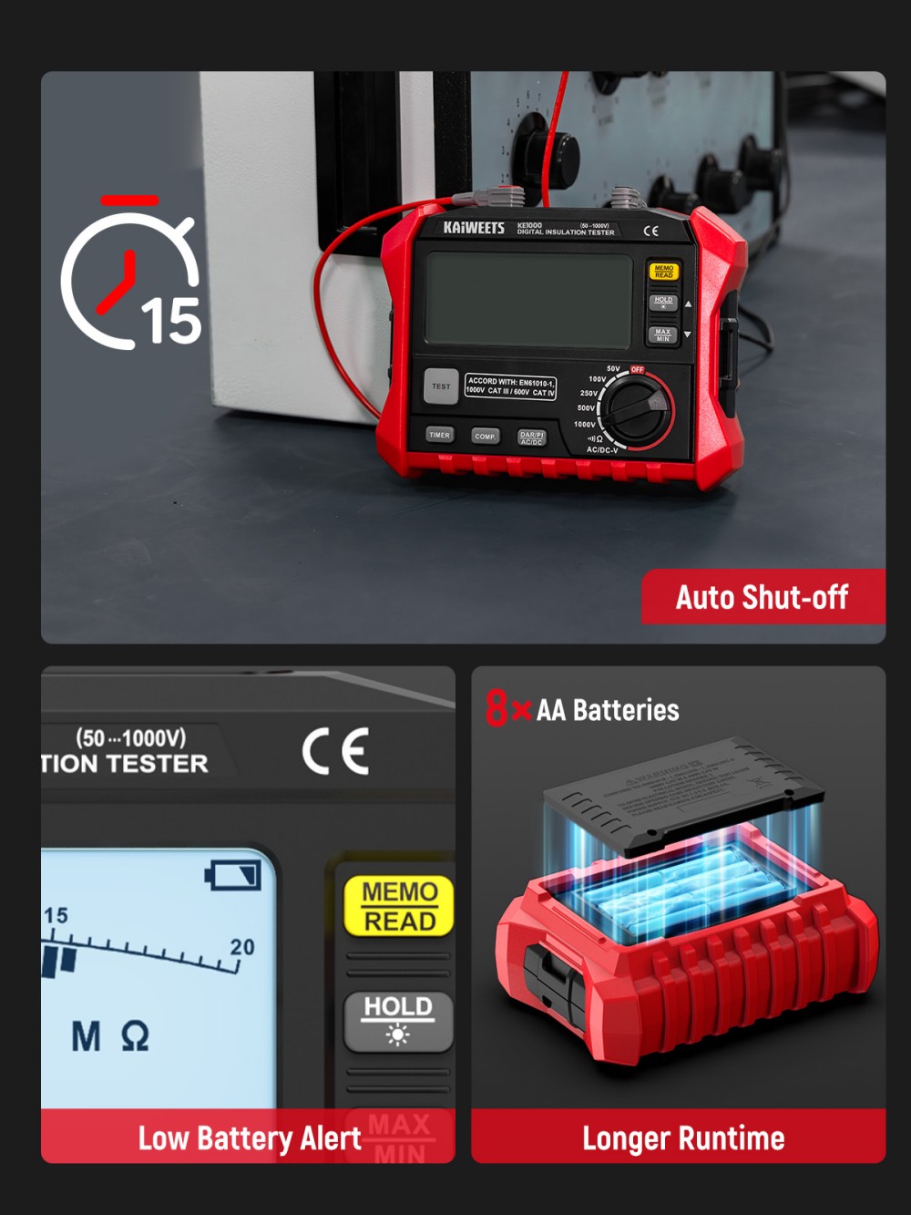 KAIWEETS KE1000 Isolationswiderstandsmessger&auml;t, 1000-V-Megohmmeter (3 M&Omega;&ndash;100 G&Omega;), &plusmn;10 % Genauigkeit, DAR/PI-Auto-Funktion, 5 Pr&uuml;fspannungen, TRMS-Multimeter mit Durchgangspr&uuml;fung, LCD-Anzeige mit Balkendiagramm