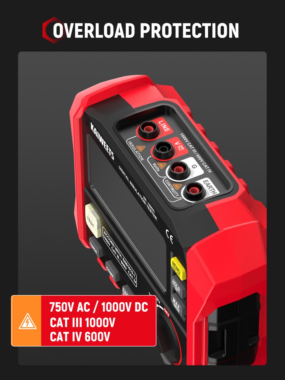 KAIWEETS KE1000 Isolationswiderstandsmessger&auml;t, 1000-V-Megohmmeter (3 M&Omega;&ndash;100 G&Omega;), &plusmn;10 % Genauigkeit, DAR/PI-Auto-Funktion, 5 Pr&uuml;fspannungen, TRMS-Multimeter mit Durchgangspr&uuml;fung, LCD-Anzeige mit Balkendiagramm