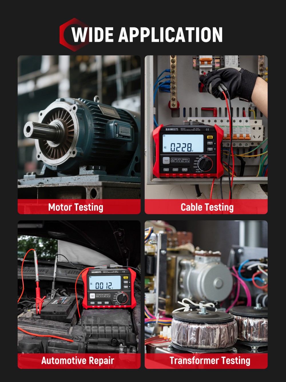 KAIWEETS KE1000 Isolationswiderstandsmessger&auml;t, 1000-V-Megohmmeter (3 M&Omega;&ndash;100 G&Omega;), &plusmn;10 % Genauigkeit, DAR/PI-Auto-Funktion, 5 Pr&uuml;fspannungen, TRMS-Multimeter mit Durchgangspr&uuml;fung, LCD-Anzeige mit Balkendiagramm