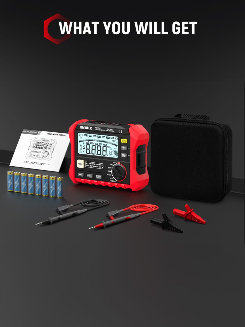 KAIWEETS KE1000 Isolationswiderstandsmessger&auml;t, 1000-V-Megohmmeter (3 M&Omega;&ndash;100 G&Omega;), &plusmn;10 % Genauigkeit, DAR/PI-Auto-Funktion, 5 Pr&uuml;fspannungen, TRMS-Multimeter mit Durchgangspr&uuml;fung, LCD-Anzeige mit Balkendiagramm