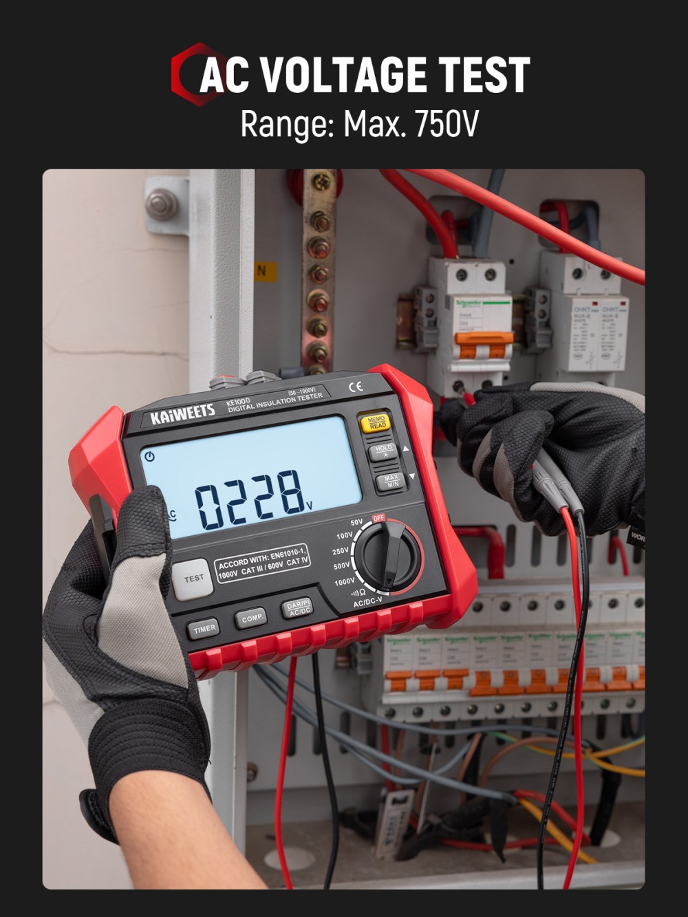 KAIWEETS KE1000 Isolationswiderstandsmessger&auml;t, 1000-V-Megohmmeter (3 M&Omega;&ndash;100 G&Omega;), &plusmn;10 % Genauigkeit, DAR/PI-Auto-Funktion, 5 Pr&uuml;fspannungen, TRMS-Multimeter mit Durchgangspr&uuml;fung, LCD-Anzeige mit Balkendiagramm