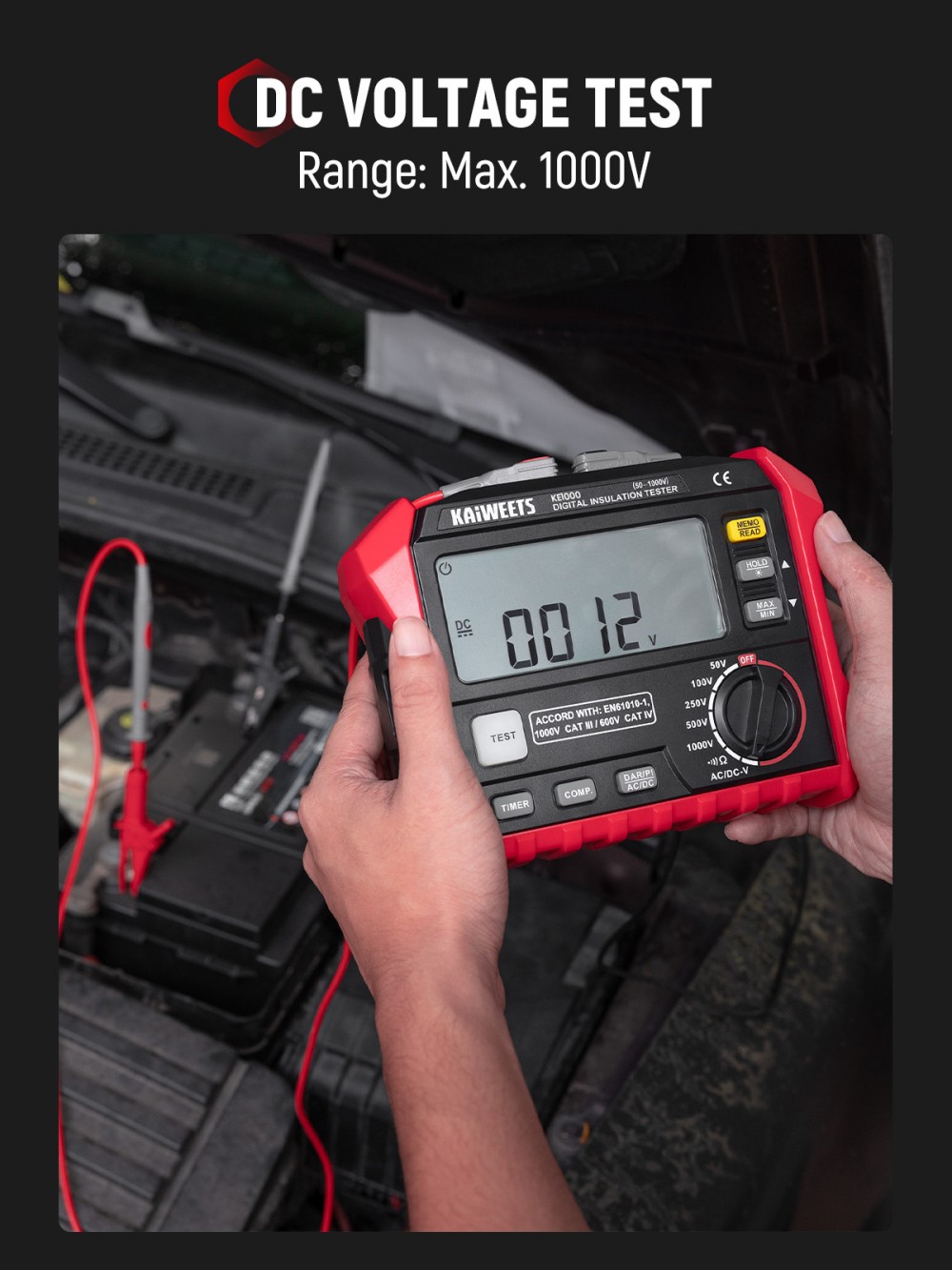 KAIWEETS KE1000 Isolationswiderstandsmessger&auml;t, 1000-V-Megohmmeter (3 M&Omega;&ndash;100 G&Omega;), &plusmn;10 % Genauigkeit, DAR/PI-Auto-Funktion, 5 Pr&uuml;fspannungen, TRMS-Multimeter mit Durchgangspr&uuml;fung, LCD-Anzeige mit Balkendiagramm