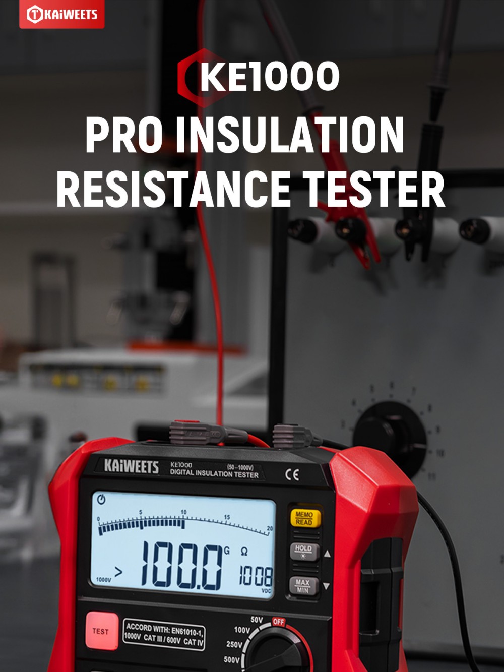 KAIWEETS KE1000 Insulation Resistance Tester, 1000V Megohmmeter 3MΩ–100GΩ, ±10% Accuracy, DAR/PI Auto, 5 Test Voltages, TRMS Multimeter with Continuity, LCD w/ Bar Graph