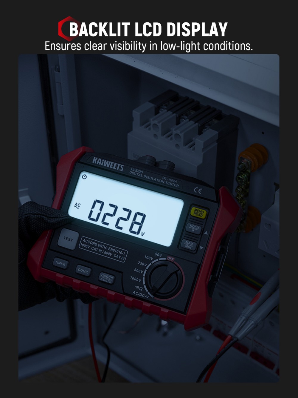 KAIWEETS KE1000 Insulation Resistance Tester, 1000V Megohmmeter 3MΩ–100GΩ, ±10% Accuracy, DAR/PI Auto, 5 Test Voltages, TRMS Multimeter with Continuity, LCD w/ Bar Graph
