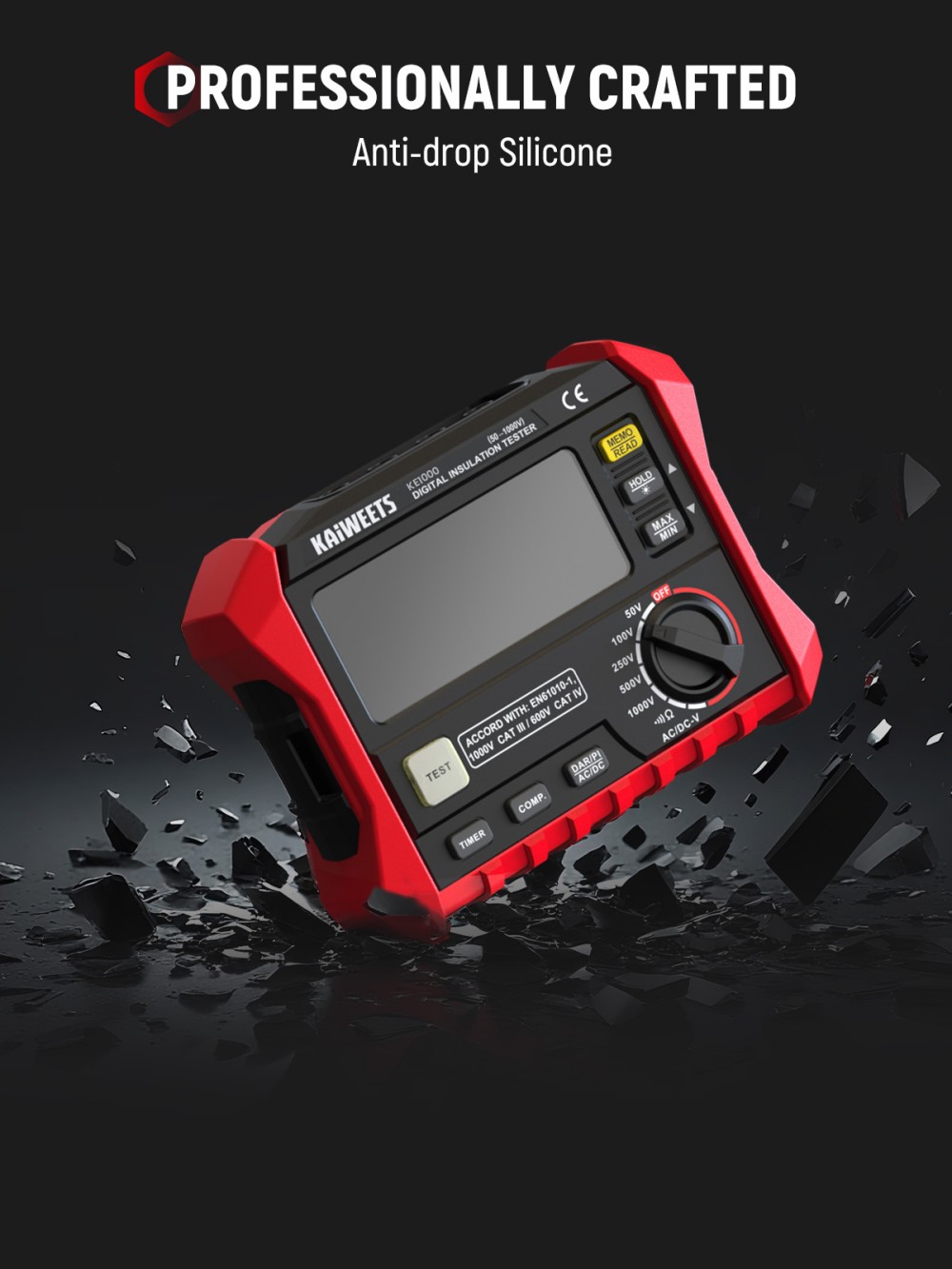 KAIWEETS KE1000 Insulation Resistance Tester, 1000V Megohmmeter 3MΩ–100GΩ, ±10% Accuracy, DAR/PI Auto, 5 Test Voltages, TRMS Multimeter with Continuity, LCD w/ Bar Graph