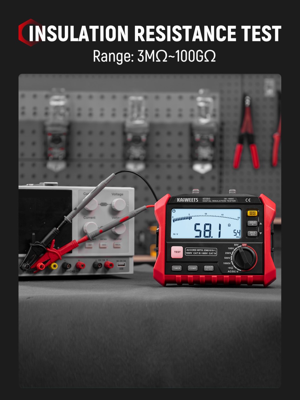 KAIWEETS KE1000 Insulation Resistance Tester, 1000V Megohmmeter 3MΩ–100GΩ, ±10% Accuracy, DAR/PI Auto, 5 Test Voltages, TRMS Multimeter with Continuity, LCD w/ Bar Graph