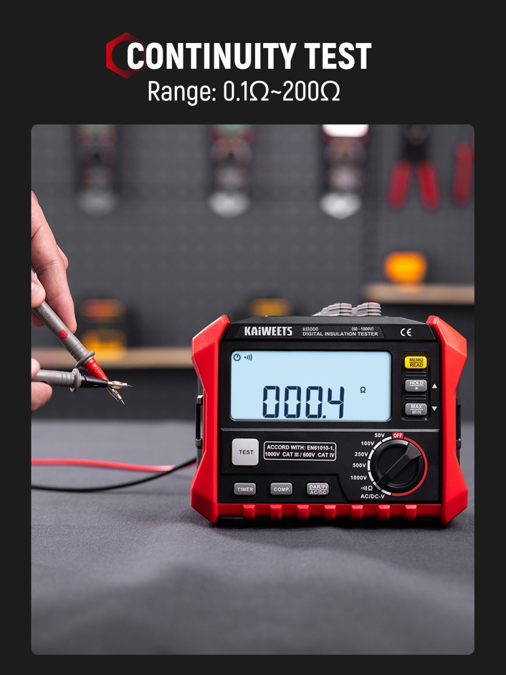 KAIWEETS KE1000 Insulation Resistance Tester, 1000V Megohmmeter 3MΩ–100GΩ, ±10% Accuracy, DAR/PI Auto, 5 Test Voltages, TRMS Multimeter with Continuity, LCD w/ Bar Graph