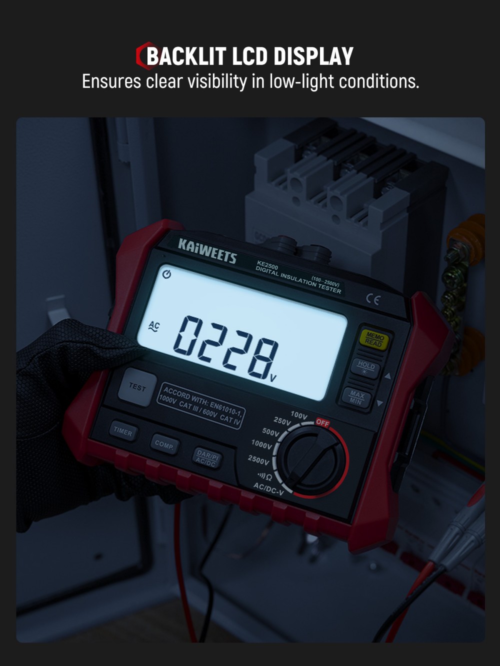 KAIWEETS KE2500 Isolationswiderstandsmessger&auml;t, 2500 V Megohmmeter 0,1 M&Omega;&ndash;200 G&Omega;, DAR/PI-Auto, 5 Pr&uuml;fspannungen, TRMS-Multimeter mit Durchgangspr&uuml;fung, LCD-Display mit Balkenanzeige