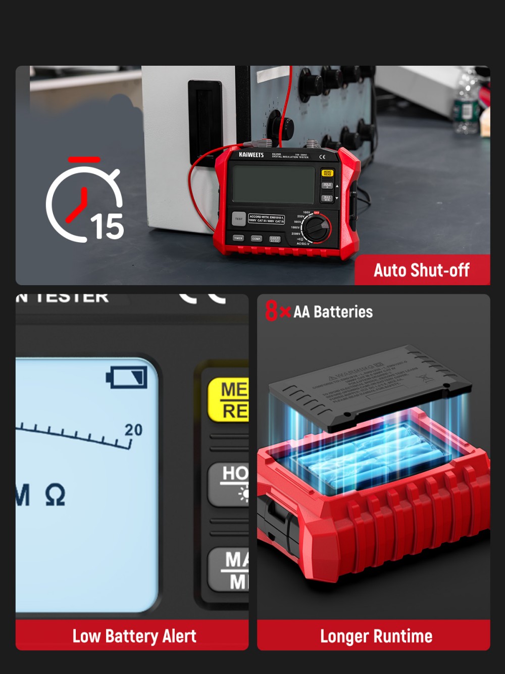 KAIWEETS KE2500 Isolationswiderstandsmessger&auml;t, 2500 V Megohmmeter 0,1 M&Omega;&ndash;200 G&Omega;, DAR/PI-Auto, 5 Pr&uuml;fspannungen, TRMS-Multimeter mit Durchgangspr&uuml;fung, LCD-Display mit Balkenanzeige