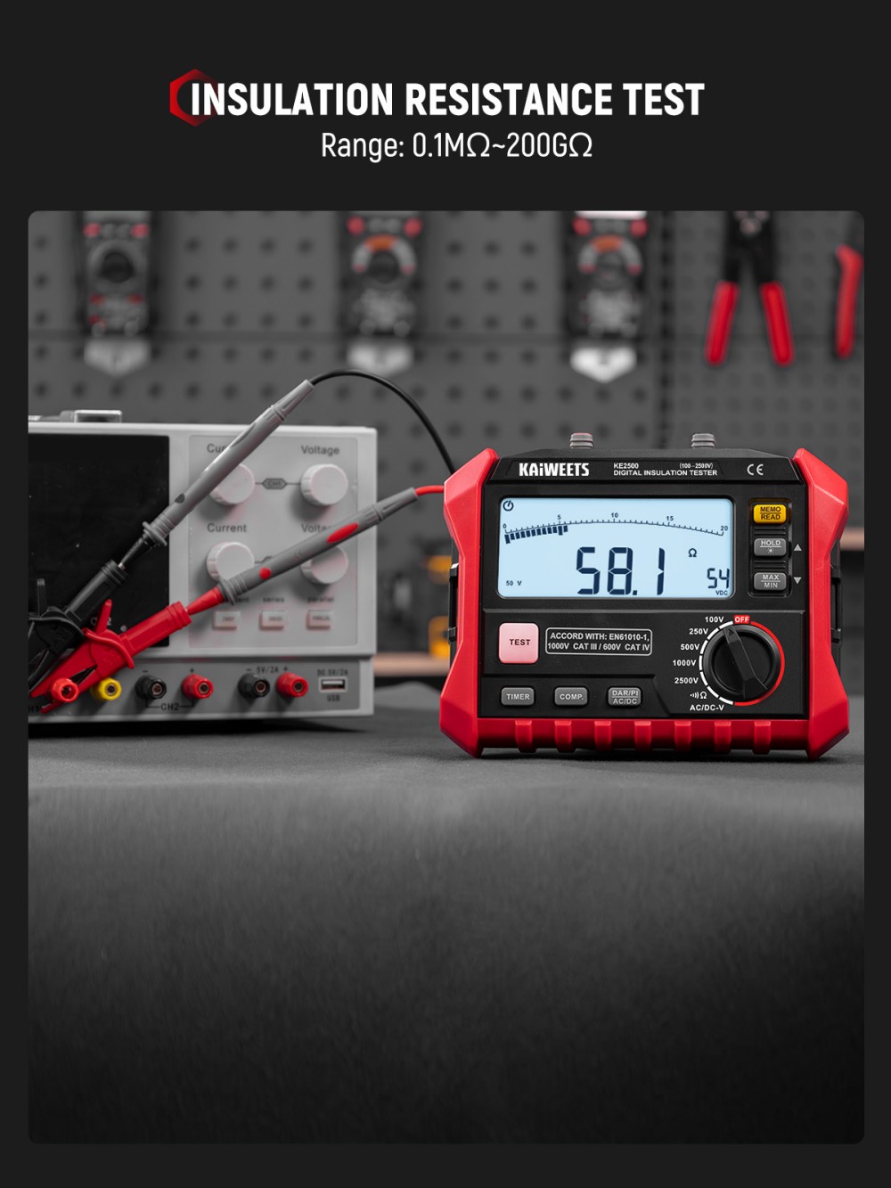 KAIWEETS KE2500 Isolationswiderstandsmessger&auml;t, 2500 V Megohmmeter 0,1 M&Omega;&ndash;200 G&Omega;, DAR/PI-Auto, 5 Pr&uuml;fspannungen, TRMS-Multimeter mit Durchgangspr&uuml;fung, LCD-Display mit Balkenanzeige