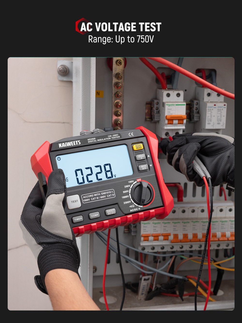 KAIWEETS KE2500 Isolationswiderstandsmessger&auml;t, 2500 V Megohmmeter 0,1 M&Omega;&ndash;200 G&Omega;, DAR/PI-Auto, 5 Pr&uuml;fspannungen, TRMS-Multimeter mit Durchgangspr&uuml;fung, LCD-Display mit Balkenanzeige