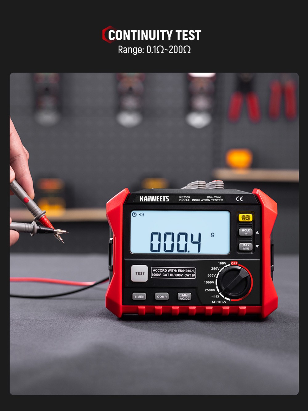 KAIWEETS KE2500 Isolationswiderstandsmessger&auml;t, 2500 V Megohmmeter 0,1 M&Omega;&ndash;200 G&Omega;, DAR/PI-Auto, 5 Pr&uuml;fspannungen, TRMS-Multimeter mit Durchgangspr&uuml;fung, LCD-Display mit Balkenanzeige