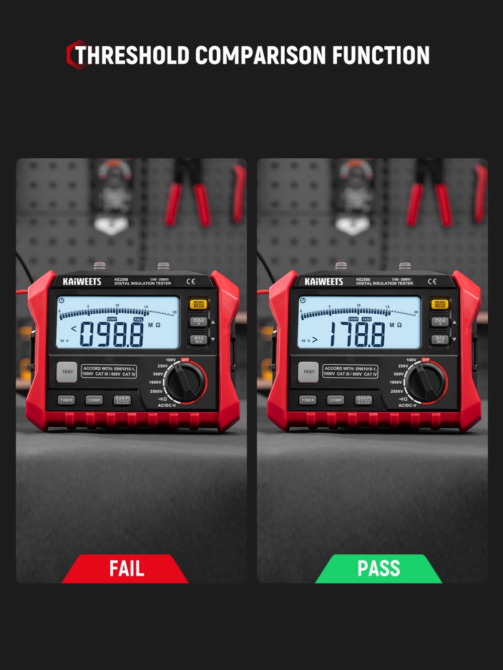 KAIWEETS KE2500 Isolationswiderstandsmessger&auml;t, 2500 V Megohmmeter 0,1 M&Omega;&ndash;200 G&Omega;, DAR/PI-Auto, 5 Pr&uuml;fspannungen, TRMS-Multimeter mit Durchgangspr&uuml;fung, LCD-Display mit Balkenanzeige