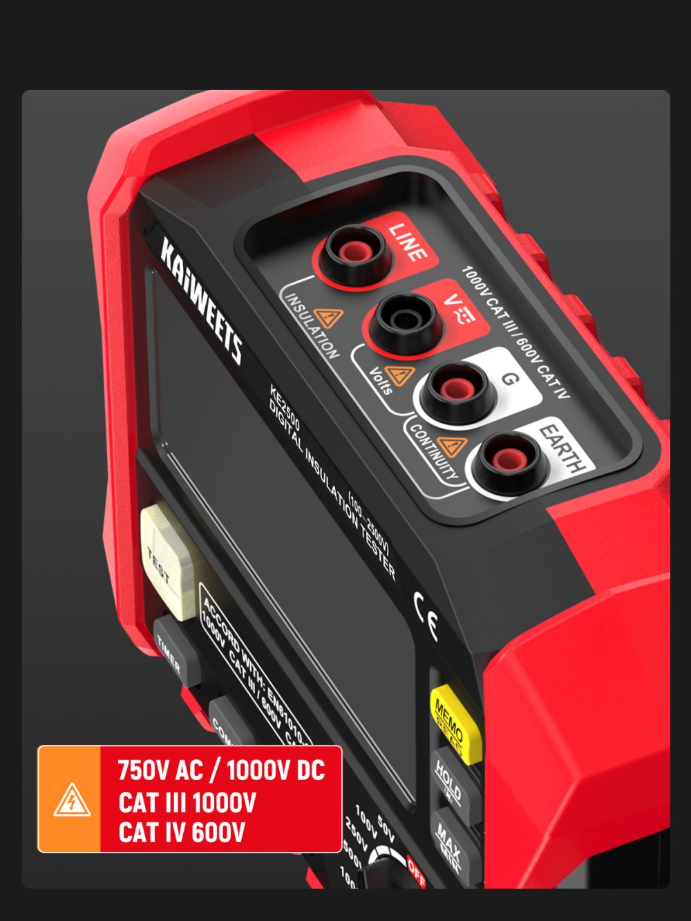 KAIWEETS KE2500 Insulation Resistance Tester, 2500V Megohmmeter 0.1MΩ–200GΩ, DAR/PI Auto, 5 Test Voltages, TRMS Multimeter with Continuity, LCD w/ Bar Graph