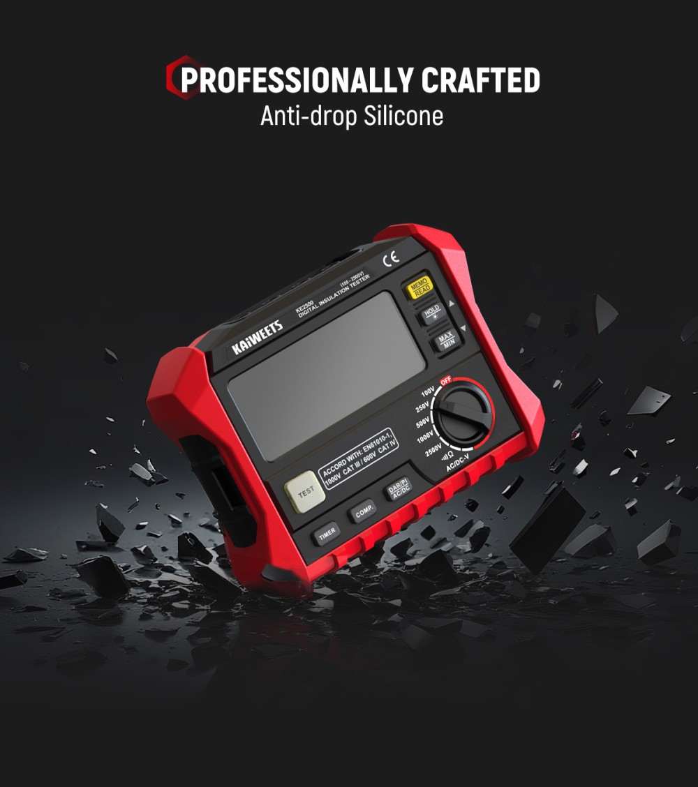KAIWEETS KE2500 Insulation Resistance Tester, 2500V Megohmmeter 0.1MΩ–200GΩ, DAR/PI Auto, 5 Test Voltages, TRMS Multimeter with Continuity, LCD w/ Bar Graph