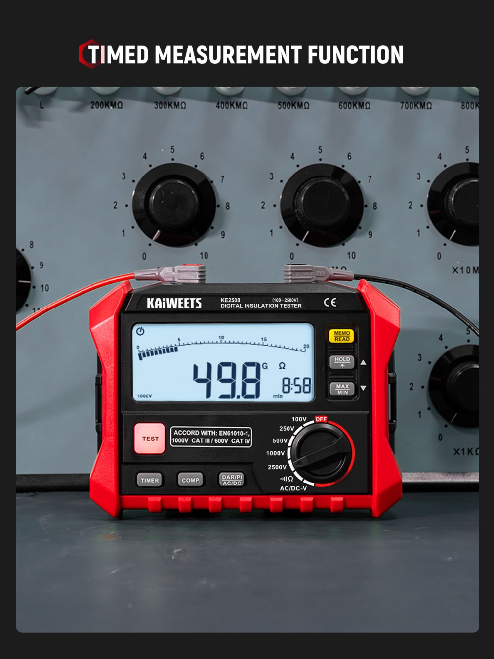 KAIWEETS KE2500 Insulation Resistance Tester, 2500V Megohmmeter 0.1MΩ–200GΩ, DAR/PI Auto, 5 Test Voltages, TRMS Multimeter with Continuity, LCD w/ Bar Graph