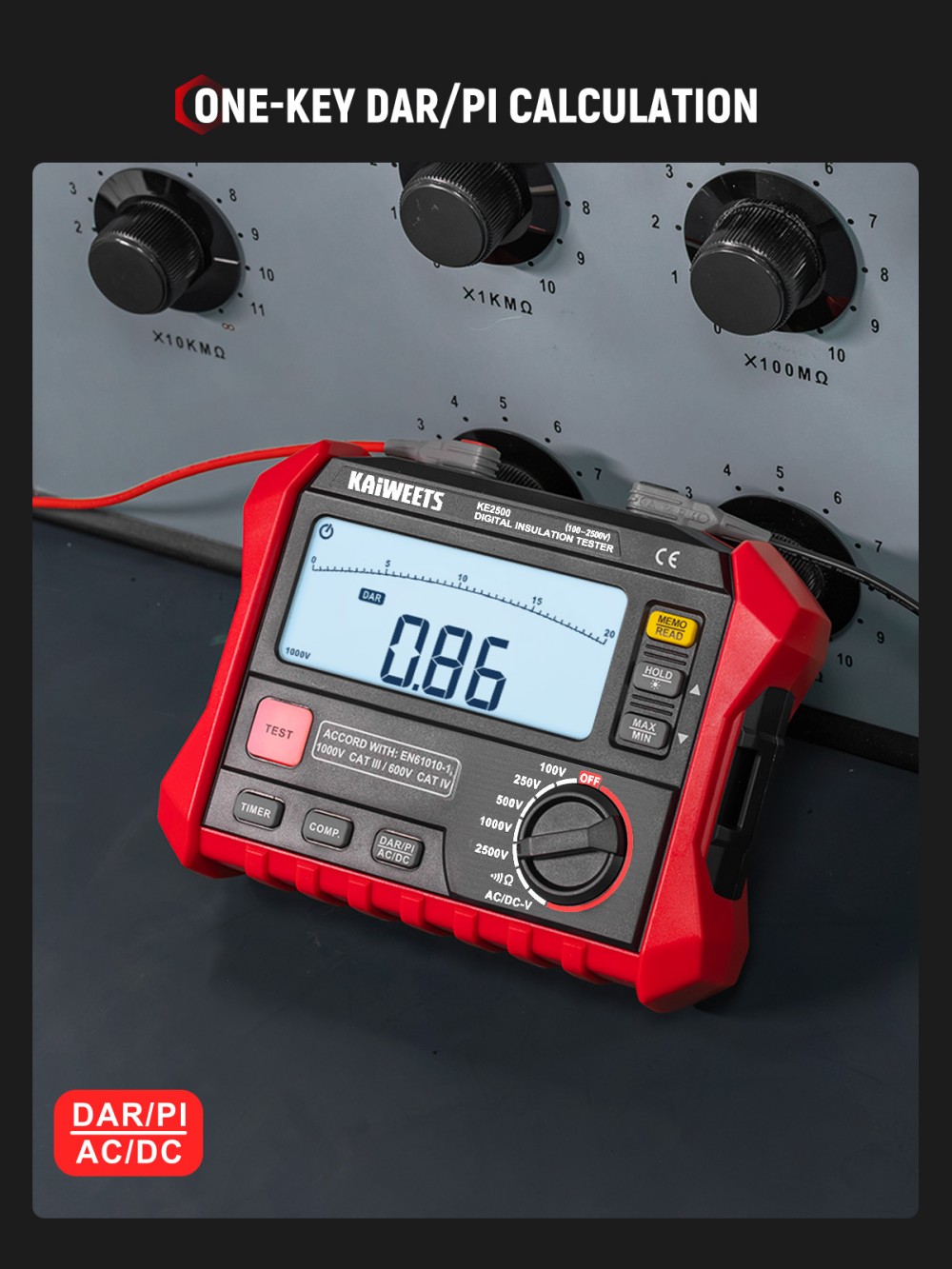 KAIWEETS KE2500 Insulation Resistance Tester, 2500V Megohmmeter 0.1MΩ–200GΩ, DAR/PI Auto, 5 Test Voltages, TRMS Multimeter with Continuity, LCD w/ Bar Graph