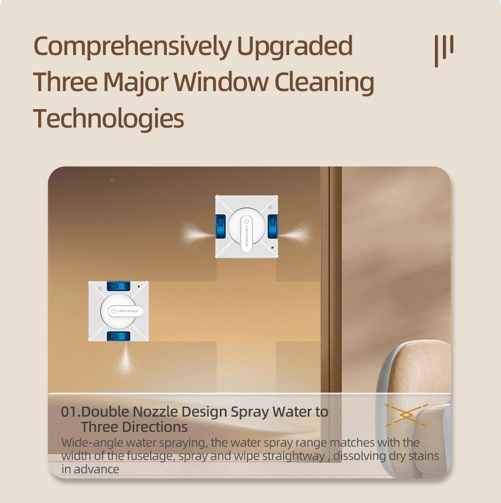 Refurbished Liectroux YW509 Robot Window Vacuum Cleaner, Double Water Spray, 3000Pa Suction Power, Laser Sensor Anti-fall, 3 Cleaning Modes, Intelligent Path Planning, Low Noise, Remote Control - White