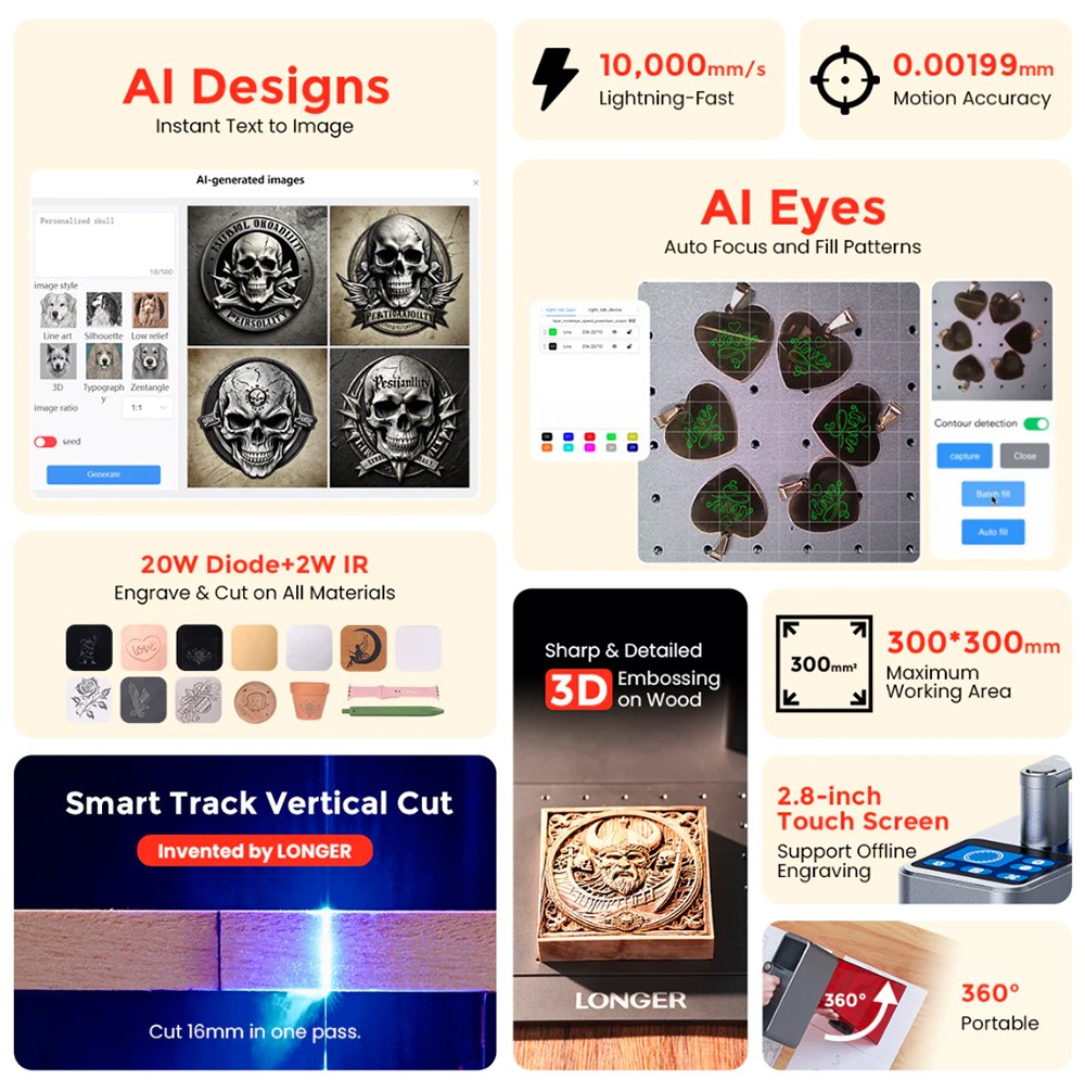 LONGER Nano Duo AI Laser Engraver, 20W Blue Diode + 2W IR Laser, 300&times;300mm Work Area, 10000mm/s Speed, 0.00199mm Precision, Dual-Axis Extension, 16MP AI Camera, Smart Vertical Cutting, 3D Embossing, Compatible with Wood/Metal/Acrylic/Leather