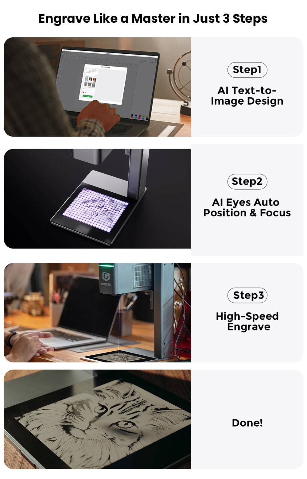 LONGER Nano Duo AI Laser Engraver, 20W Blue Diode + 2W IR Laser, 300&times;300mm Work Area, 10000mm/s Speed, 0.00199mm Precision, Dual-Axis Extension, 16MP AI Camera, Smart Vertical Cutting, 3D Embossing, Compatible with Wood/Metal/Acrylic/Leather