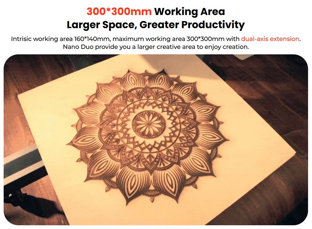 LONGER Nano Duo AI Laser Engraver, 20W Blue Diode + 2W IR Laser, 300&times;300mm Work Area, 10000mm/s Speed, 0.00199mm Precision, Dual-Axis Extension, 16MP AI Camera, Smart Vertical Cutting, 3D Embossing, Compatible with Wood/Metal/Acrylic/Leather