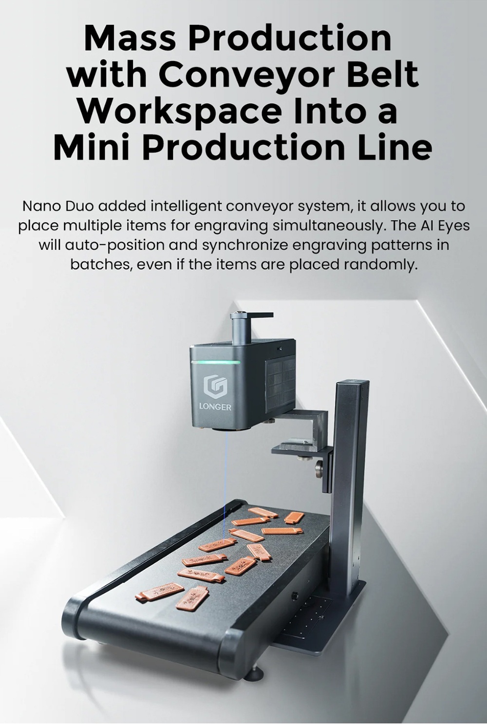 LONGER Nano Duo AI Laser Engraver, 20W Blue Diode + 2W IR Laser, 300&times;300mm Work Area, 10000mm/s Speed, 0.00199mm Precision, Dual-Axis Extension, 16MP AI Camera, Smart Vertical Cutting, 3D Embossing, Compatible with Wood/Metal/Acrylic/Leather