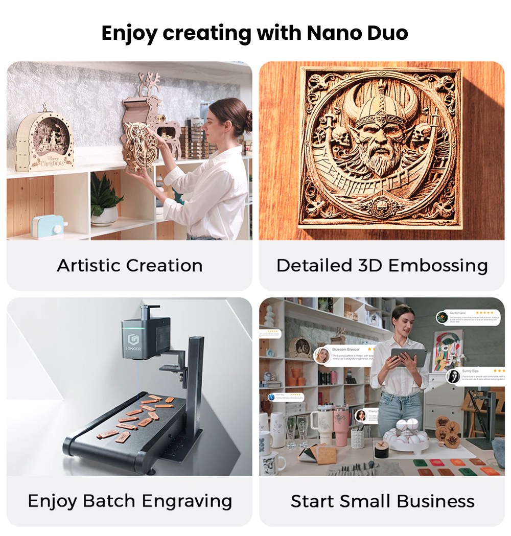 LONGER Nano Duo AI Laser Engraver, 20W Blue Diode + 2W IR Laser, 300&times;300mm Work Area, 10000mm/s Speed, 0.00199mm Precision, Dual-Axis Extension, 16MP AI Camera, Smart Vertical Cutting, 3D Embossing, Compatible with Wood/Metal/Acrylic/Leather