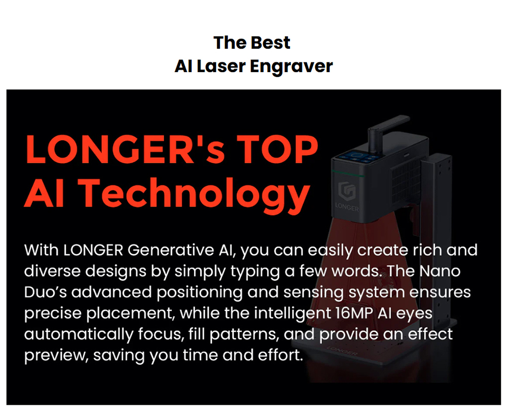 LONGER Nano Duo AI Laser Engraver, 20W Blue Diode + 2W IR Laser, 300&times;300mm Work Area, 10000mm/s Speed, 0.00199mm Precision, Dual-Axis Extension, 16MP AI Camera, Smart Vertical Cutting, 3D Embossing, Compatible with Wood/Metal/Acrylic/Leather