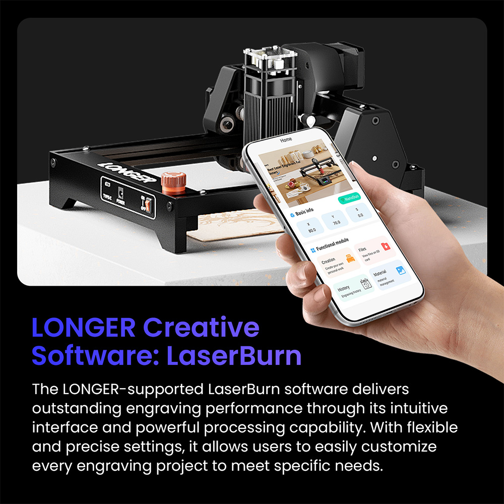 LONGER Ray5 Mini 5,5W Lasergravierer, 0,08&times;0,08mm Laserpunkt, 12000mm/min Geschwindigkeit, 130&times;130mm Arbeitsbereich, 8mm Schnitttiefe, WLAN-/USB-/App-Steuerung, kompatibel mit Holz/Acryl/Leder/Metall/Keramik